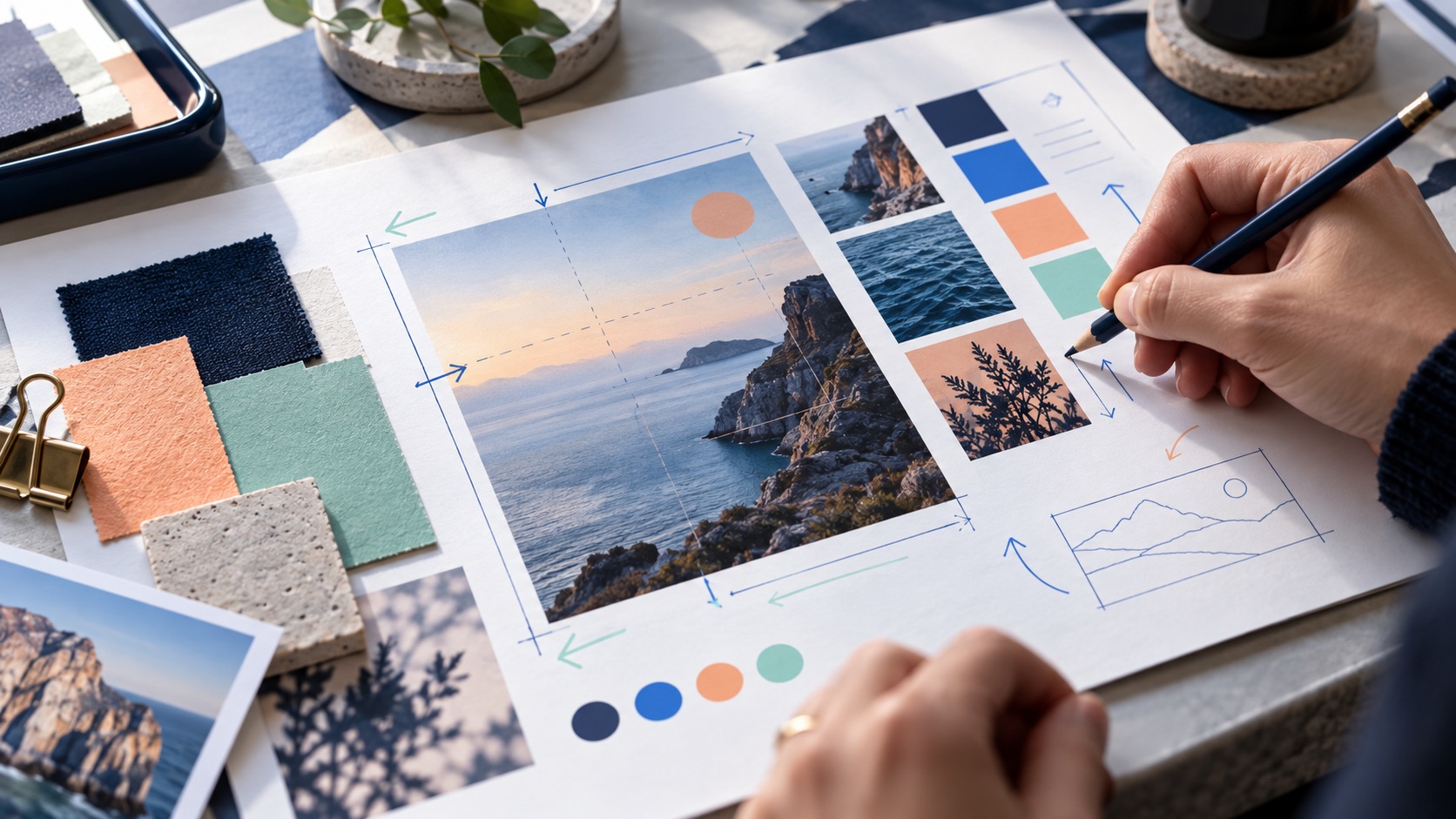 A creative brief beside prompt notes, thumbnail variations, and a marked-up selection sheet.