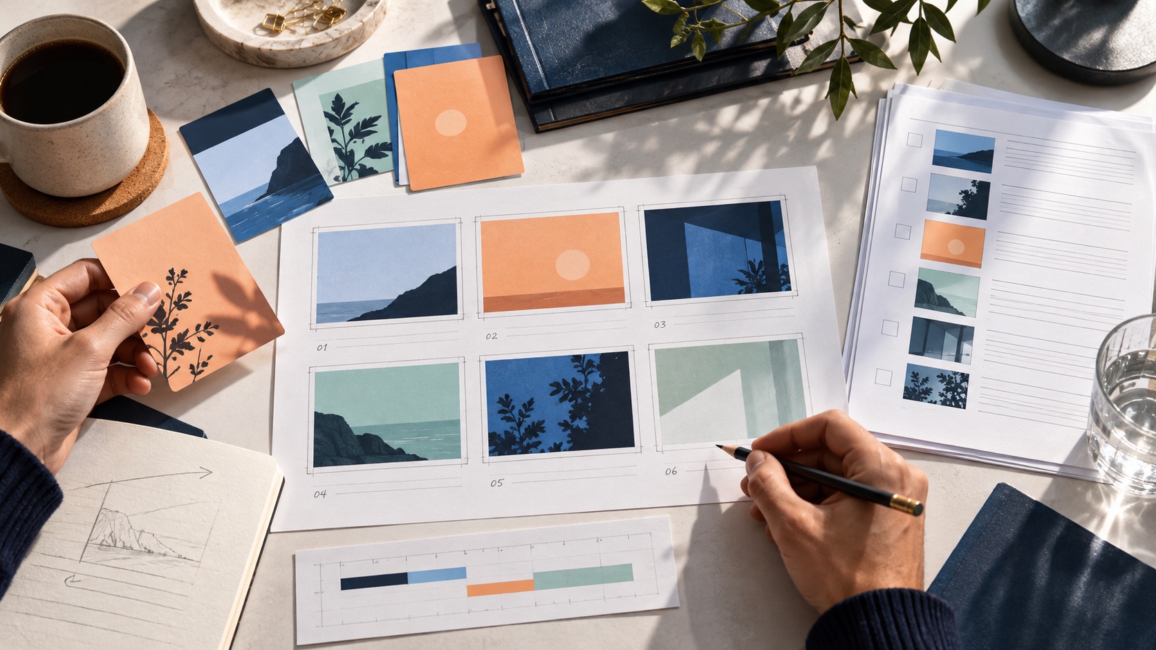 Storyboard cards, shot notes, and timing sheets on a creative planning table.