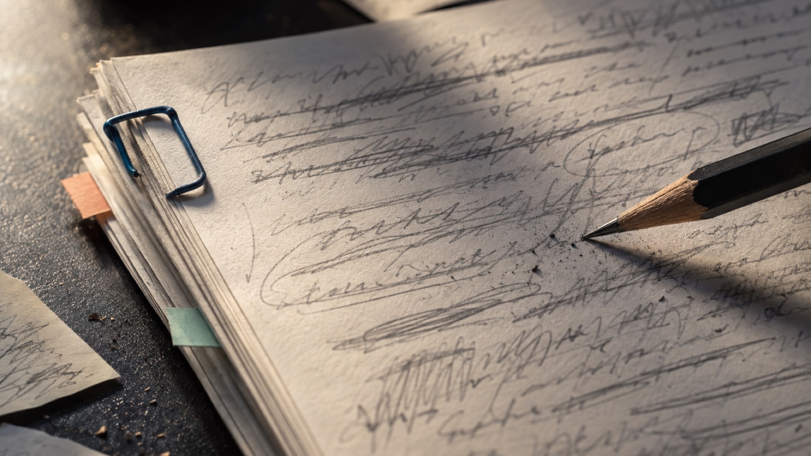 A marked-up article draft with source notes, a human editor’s annotations, and a short revision checklist.