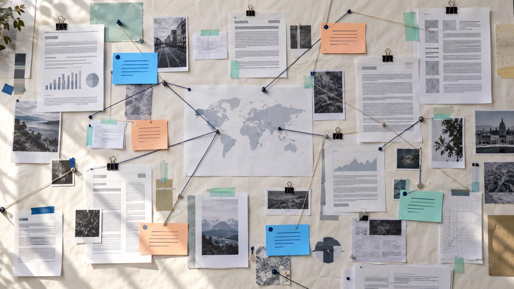 A claim ledger with source links, highlighted quotations, and an editor checking an article draft.