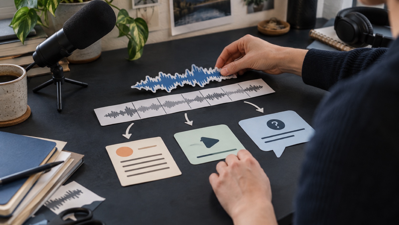 An episode transcript, highlighted content atoms, and a weekly publishing calendar on a desk.