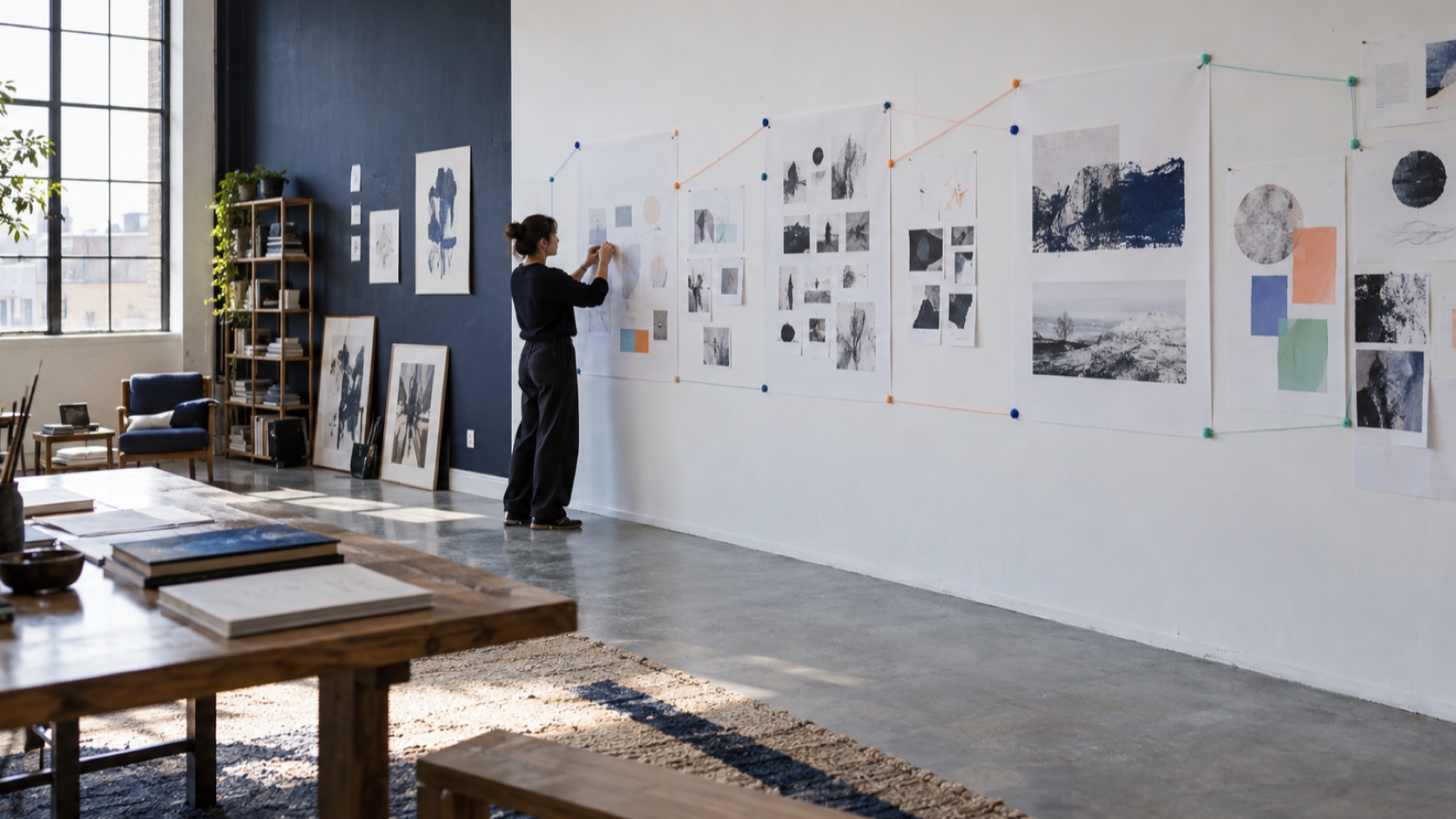 A portfolio case-study outline with a project brief, iteration notes, selected work, and a lessons panel.