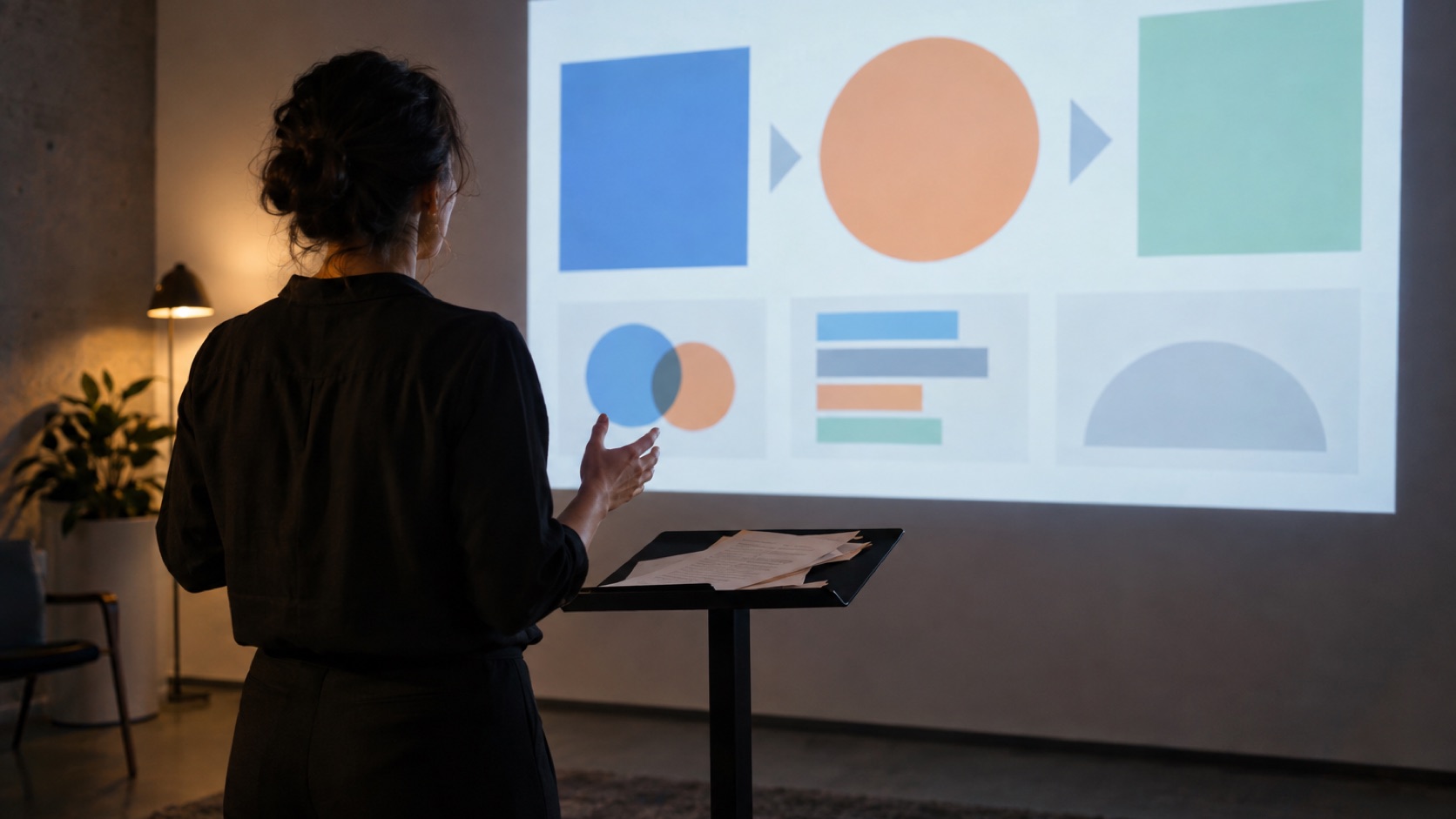 A presentation storyboard with one-message slides, a speaker-note column, and a clutter-removal review checklist.