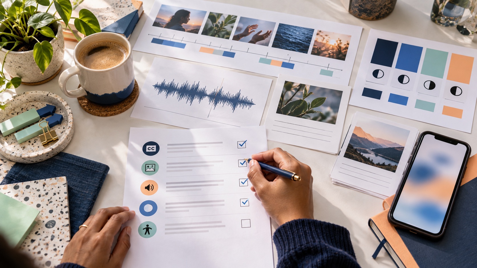 Accessibility review materials with caption timing sheets, contrast swatches, and annotation notes.