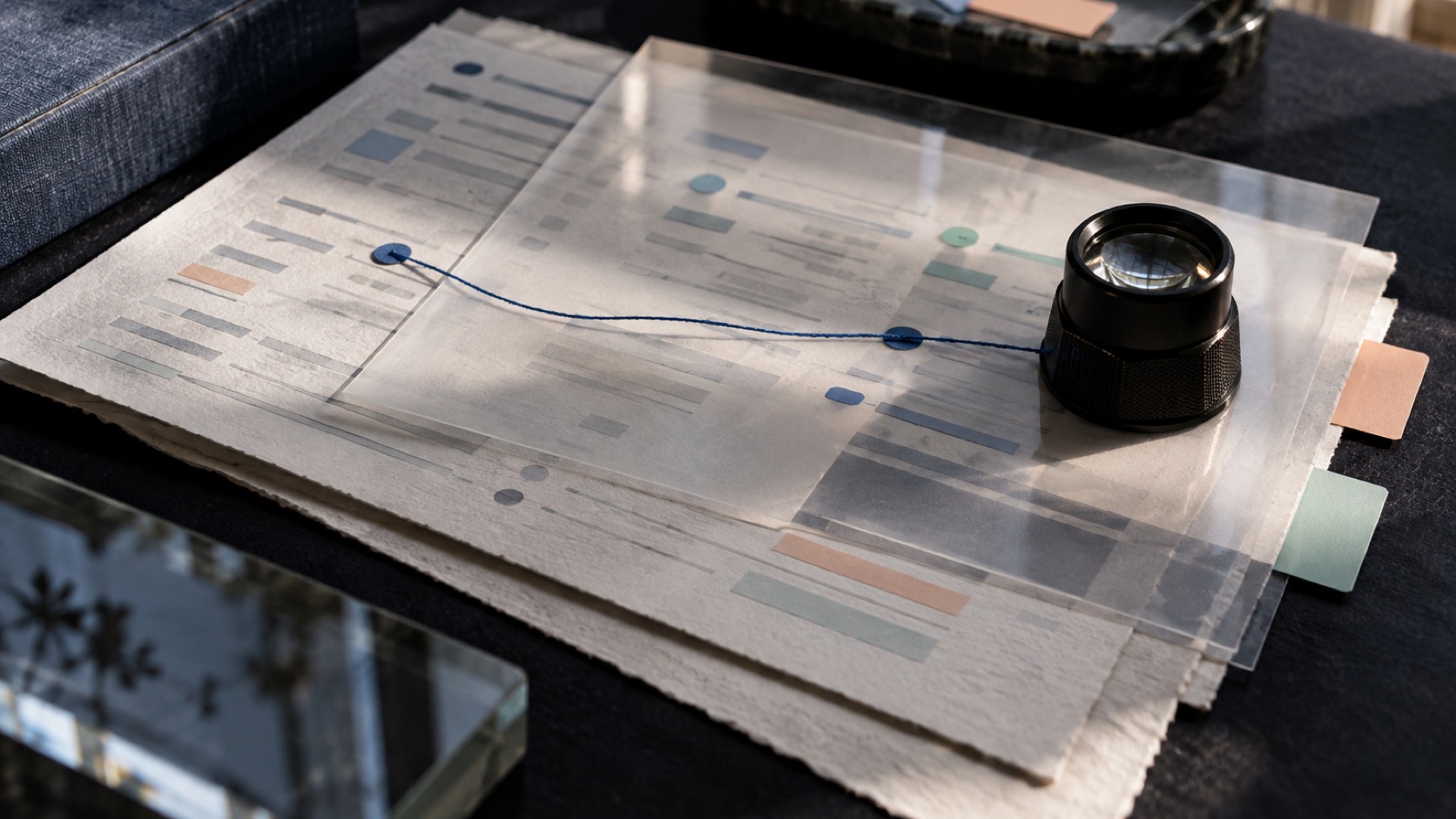 An editorial review sheet showing an AI-use decision tree, three sample labels, and a release checklist.