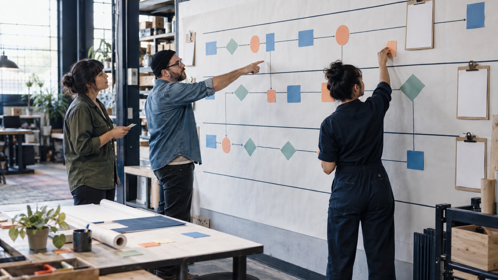 A small-business task inventory and risk matrix leading to a human-approved invoice-follow-up workflow.