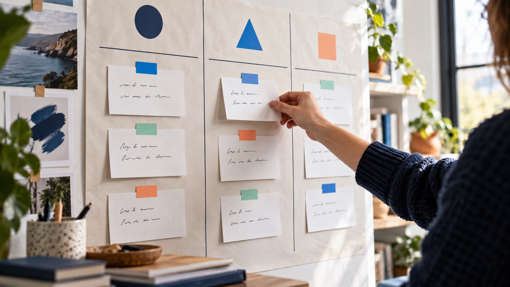 A paper workboard with priority cards being sorted by hand.