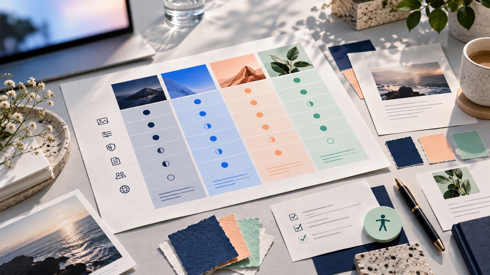 A printed image tool decision matrix with creative brief swatches and review notes.