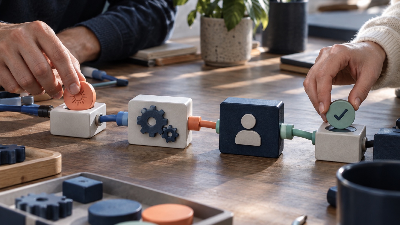 An automation review checklist tracing a trigger through approved actions, data boundaries, human approvals, logs, retries, and vendor exit options.